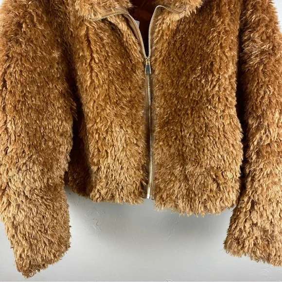 Anthropologie Maeve Teddy Zip-Up Coat Faux Fur Cropped Honey Brown NWT$170 2X